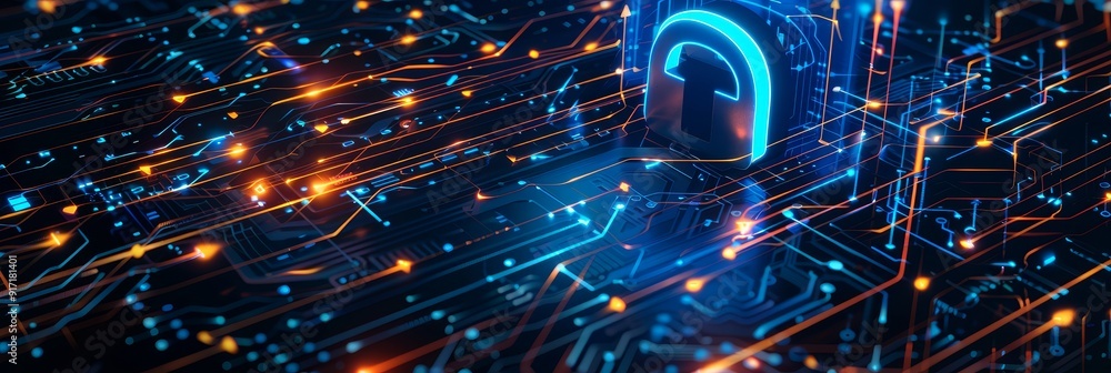 Poster a glowing padlock symbol sits on a digital circuit board, representing the importance of protecting 