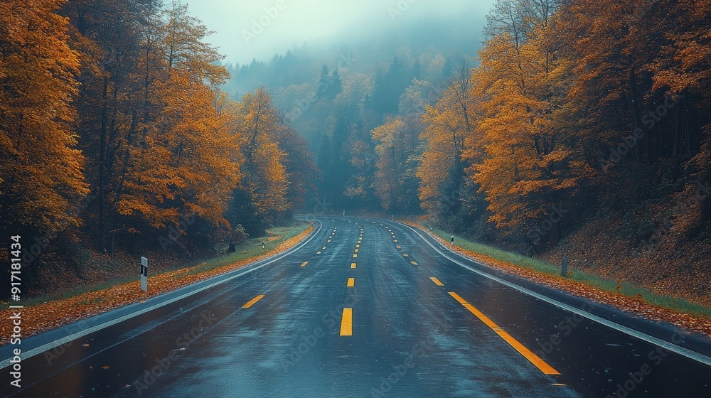 Poster a road with trees on both sides and a yellow line