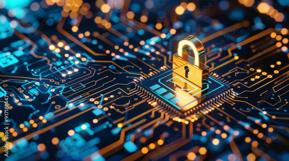Aufkleber digital padlock symbol representing cybersecurity protection on a circuit board with glowing connect