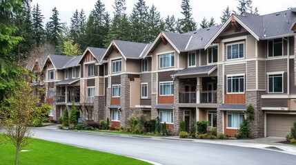 Obraz premium A row of modern townhouses with stone accents and balconies in a wooded area.