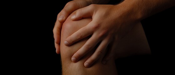 Close-up of hands massaging a sore knee, discomfort, dull ache