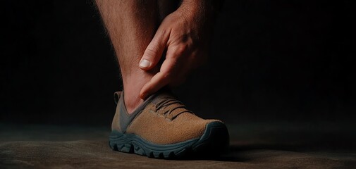 Detailed view of a person massaging their aching ankle, discomfort, dull sprain pain