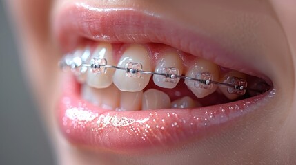 A close-up of a young woman's braces reflects her commitment to achieving a better smile through straighter teeth and improved oral health.