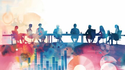 A group of diverse individuals are sitting around a table in a meeting, discussing ideas and strategies.  The image symbolizes teamwork, communication, collaboration, brainstorming, and innovation.