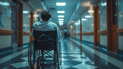 A wheelchair user rolls down a long, empty corridor lined with windows, capturing the stillness of a healthcare environment during the afternoon