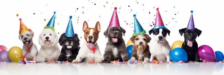 Animal wearing a colorful party hat on a pristine white background, hyper realistic and highly detailed, vibrant party theme with confetti and balloons, perfect stock photo for festive celebrations --