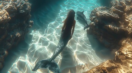 Naklejka premium A mermaid swims with a dolphin in a rocky cove