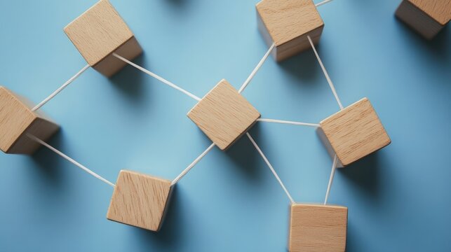 Interconnected Wooden Blocks on a Blue Background, Symbolizing the Strength of Teamwork