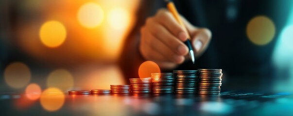 A person writing on a notepad with stacked coins, symbolizing financial growth and investment planning.