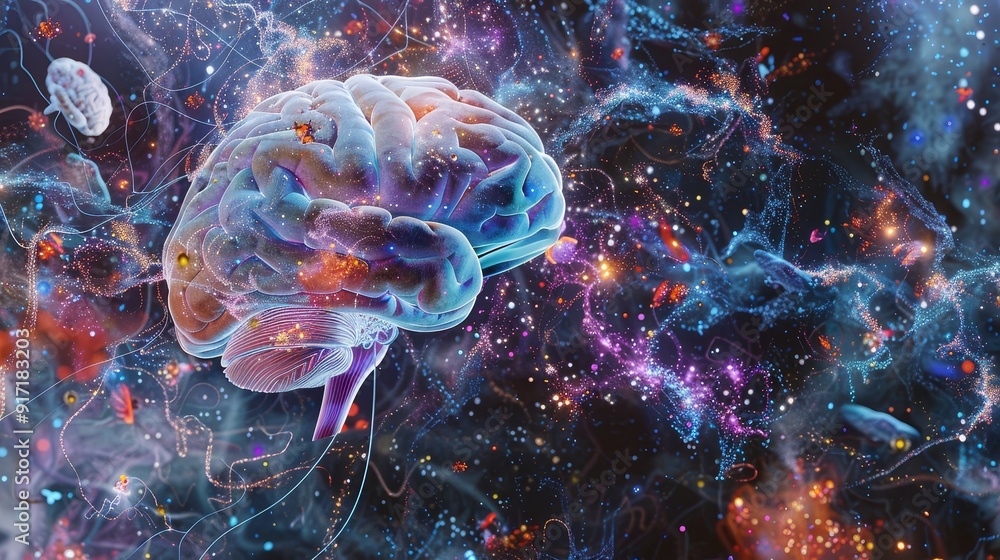 Poster digital artwork depicting human brains showcasing neurological activity and the complexity of neural
