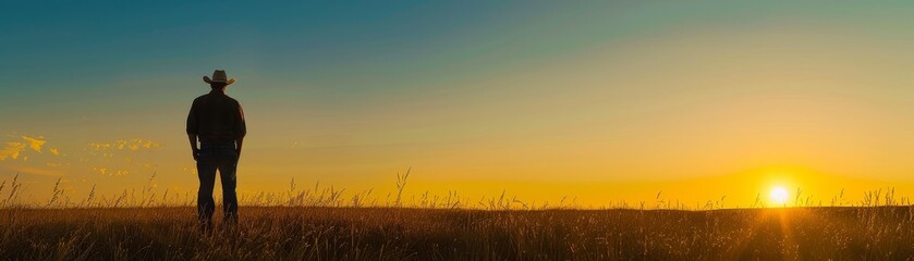 Fototapeta premium Silhouetted farmer standing in an open field at sunset, expansive rural landscape with warm golden hues, clear sky above providing ample copy space, perfect for job-related background and wallpaper se