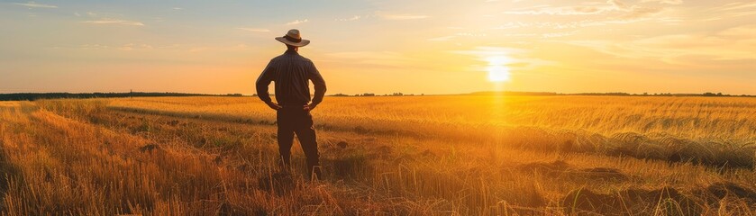 Obraz premium Silhouetted farmer standing in an open field at sunset, expansive rural landscape with warm golden hues, clear sky above providing ample copy space, perfect for job-related background and wallpaper se