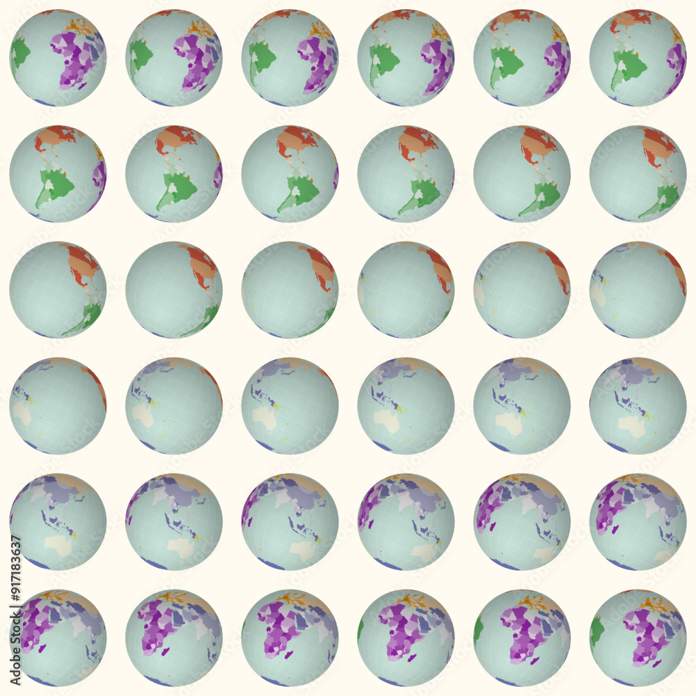 Poster collection of planet globes. tilted sphere view. rotation step 10 degrees. colored countries style. 