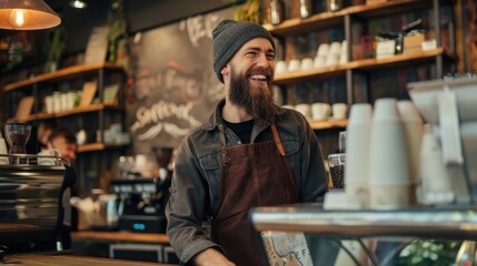 Obraz premium Barista greeting regular customers in a local coffee shop