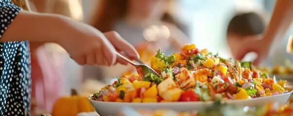A vibrant salad bowl filled with fresh ingredients, perfect for family gatherings or healthy meals. Bright, colorful, and appetizing.