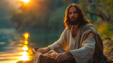 Close-up of Jesus sitting with a basket of bread and fish, abundance subtly represented, detailed textures, background of a peaceful lakeside, warm and serene lighting, hd quality,