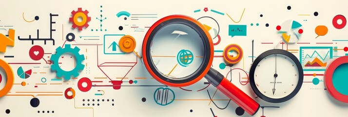 Obraz premium A magnifying glass is at the forefront symbolizing detailed examination, surrounded by gears, charts, and a clock. It represents business analysis, strategy, and time management.