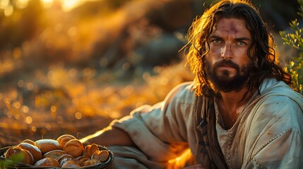 Close-up of Jesus sitting with a basket of bread and fish, abundance subtly shown, intricate details on the food, background of a tranquil countryside, warm and serene lighting, hd quality,
