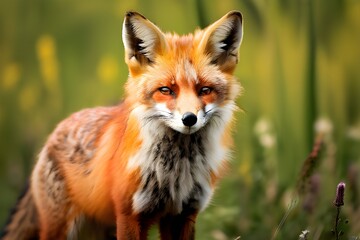 A fox standing gracefully in lush green grass, showcasing its vibrant fur and alert demeanor.