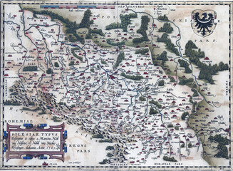 Old map of silesia showing mountains and rivers from 1596