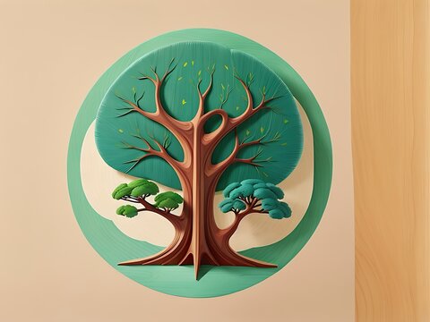 Tree in circular frame, layered green leaves, abstract design, minimalistic nature scene, 3D illustration, wooden background.