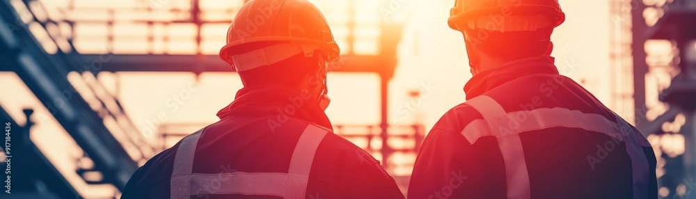 Wall mural two construction workers in safety gear discussing at a construction site during sunset, symbolizing