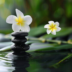 Zen Basalt Stones with Frangipani Flower on Water. 
Relaxing Zen Stones and Plumeria Flower on Water