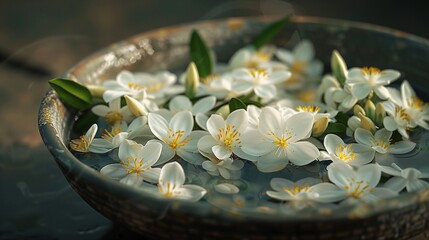 A beautiful arrangement of jasmine flowers floating in a bowl of water, creating a serene and calming visual.