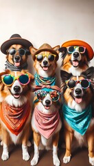 Fototapeta premium A playful image featuring two dogs in Christmas hats with colorful carnival masks and costumes, capturing a festive an