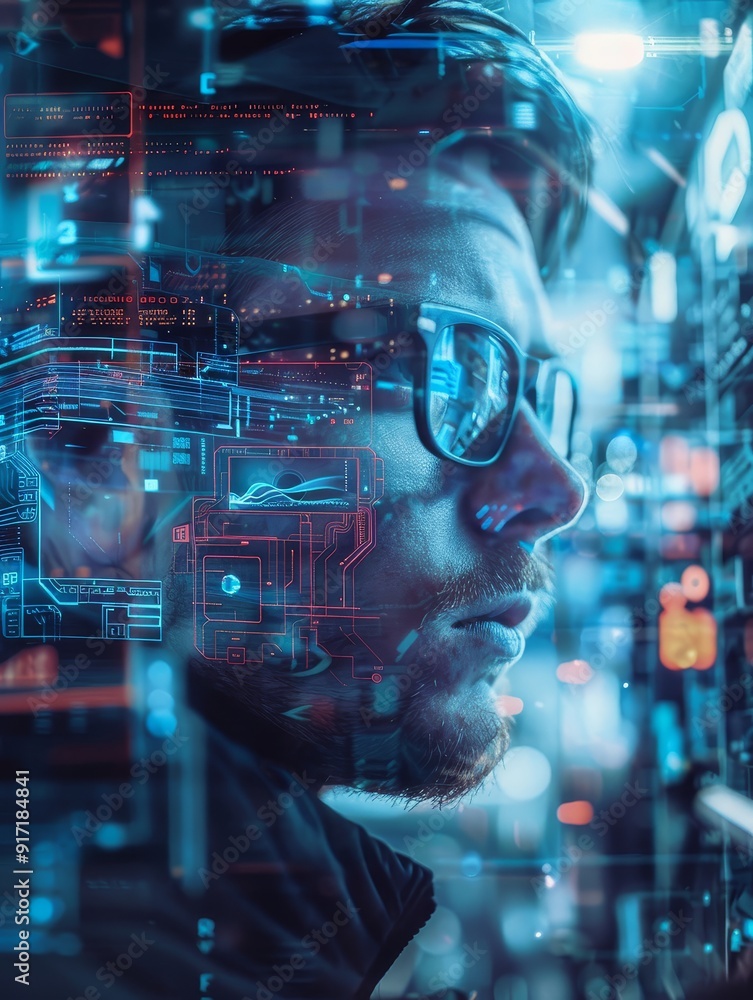 Poster a man's face is overlaid with digital data, symbolizing the intersection of technology, innovation, 