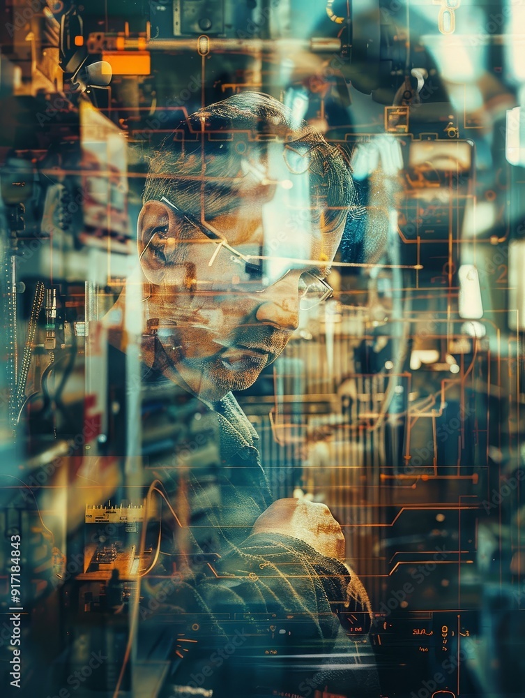 Poster double exposure of a mechanic in a workshop with tools and machinery surrounding him, blending seaml