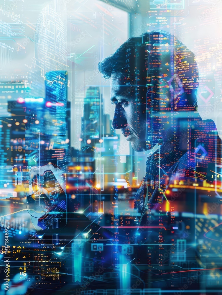 Poster create a visually stunning stock photo of a software developer, depicted through a double exposure e