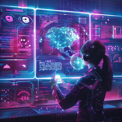 Office lady using, AI algorithms, surrounded with screens of neural networks, and machine learning processes.