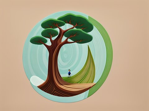 Abstract 3D tree with person standing on leaf, spiral background, wooden elements, creative nature concept, surreal art.