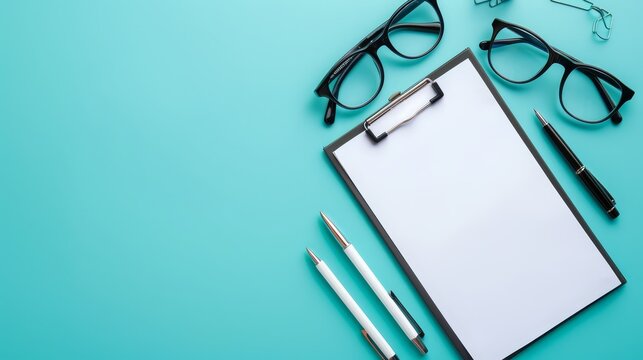 office workspace with clipboard glasses and pens on a turquoise desk perfect for business productivity or education themes