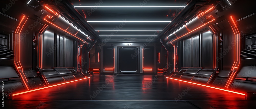 Poster futuristic sci-fi corridor with intense red neon lights and metallic walls in high-tech setting