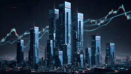 A city horizon with computerized securities exchange diagrams overlay, with a mechanical and monetary idea on a dim background