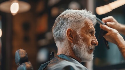 Obraz premium Salon scene with a middle-aged client receiving a new haircut, with a focus on the stylistâ€™s technique.