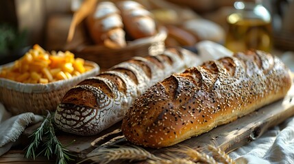 Detailed view of five loaves and two fish on a rustic table, Jesus' hands in the background, intricate textures on the bread and fish, warm sunlight casting gentle shadows,