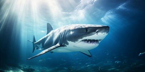 A great white shark swims gracefully through the deep blue ocean, showcasing its powerful presence and sleek body.