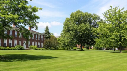 Scenic college campus with green lawns, trees, and academic buildings.