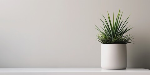 A green spiky plant in a modern white pot placed on a white surface with a plain white background.