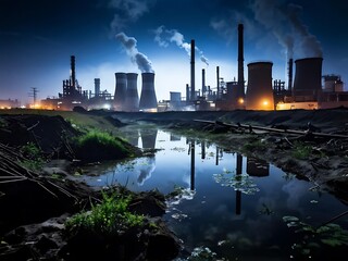 Industrial Night Landscape with Smoke and Reflections