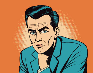 Portrait of sad man. Sadness. Surprised man. Concept idea of advertisement and promo. Pop art retro style illustration. People in retro style. Halftone background