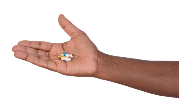 Man holding  medicines on his hand, isolated on white or transparent background	