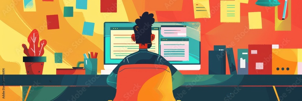 Poster a person working at a desk, concentrating on their computer. the background features colorful sticky