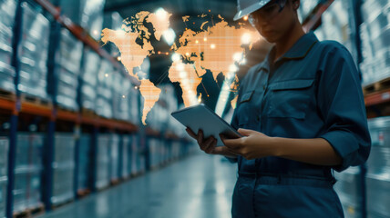 A warehouse worker using a tablet with a world map overlay, showcasing modern logistics and inventory management.