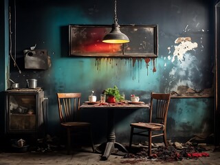 Distressed Interior with Table and Chairs