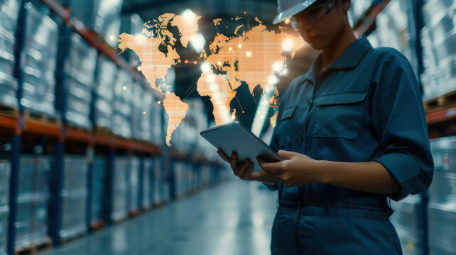 A warehouse worker using a tablet with a world map overlay, showcasing modern logistics and inventory management.