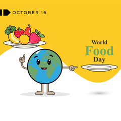 World Food Day Celebration on October 16 Vector Clip Art Background. Cute 2D Cartoon Globe with Food Plate.